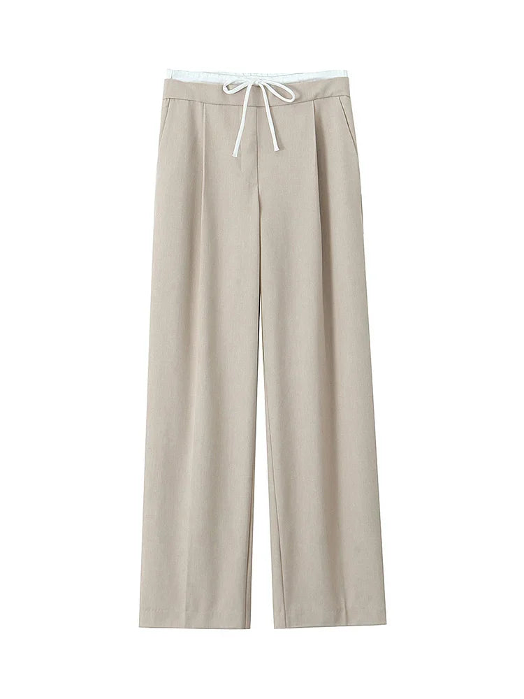 Women Fashion Straight Pants – Solid Color, Lace-Up, Side Zipper, Vintage Style, High Elastic Waist, Chic Lady Trousers
