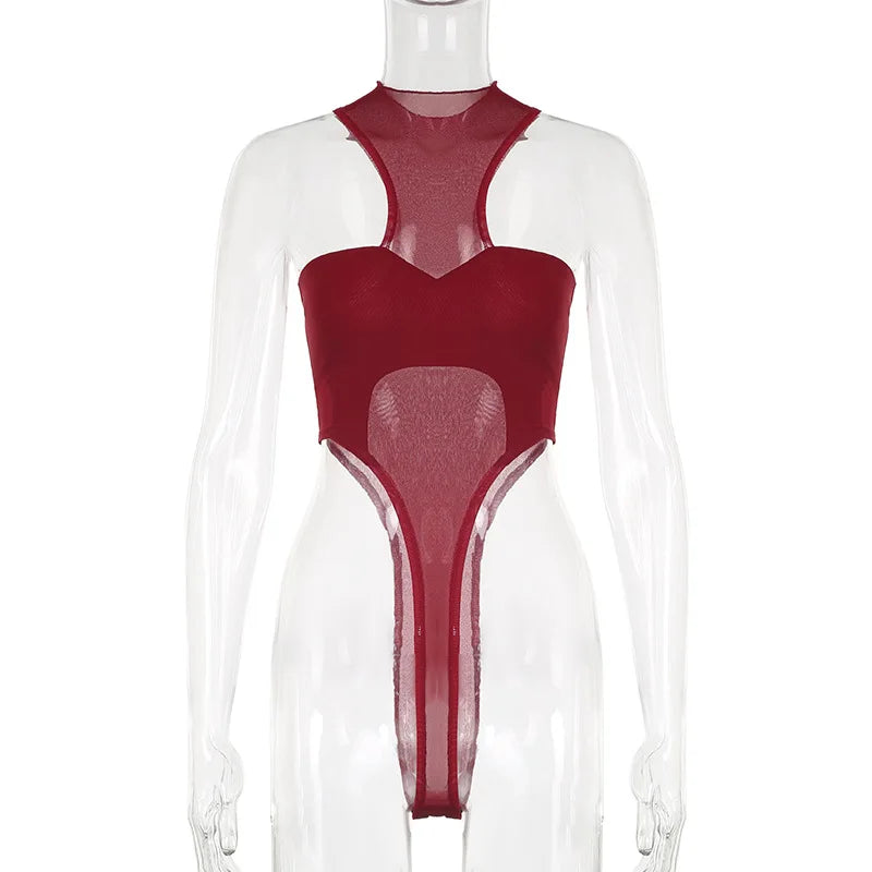 Red See-Through Mesh Bodysuit – Sexy Lingerie, Neck-Mounted, Y2K Festival Outfit