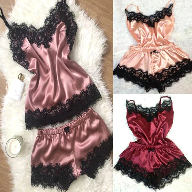 Fashion Nightwear Lace Trim Satin Cami Top Pajama Set – Sexy Hot Erotic Home Wear, Women's Sleeveless Sleepwear
