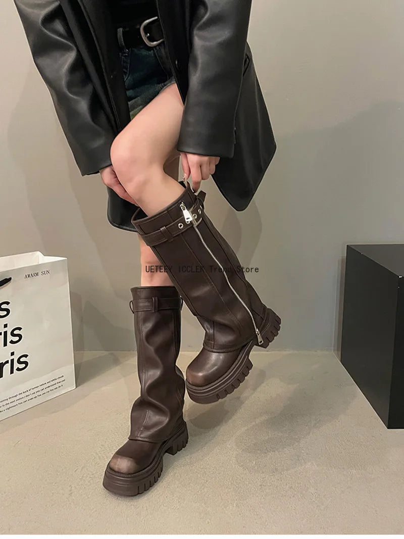 Winter Women Biker Boots – Fashion Belt Buckle, Elegant Platform Knee-High Booties for Ladies