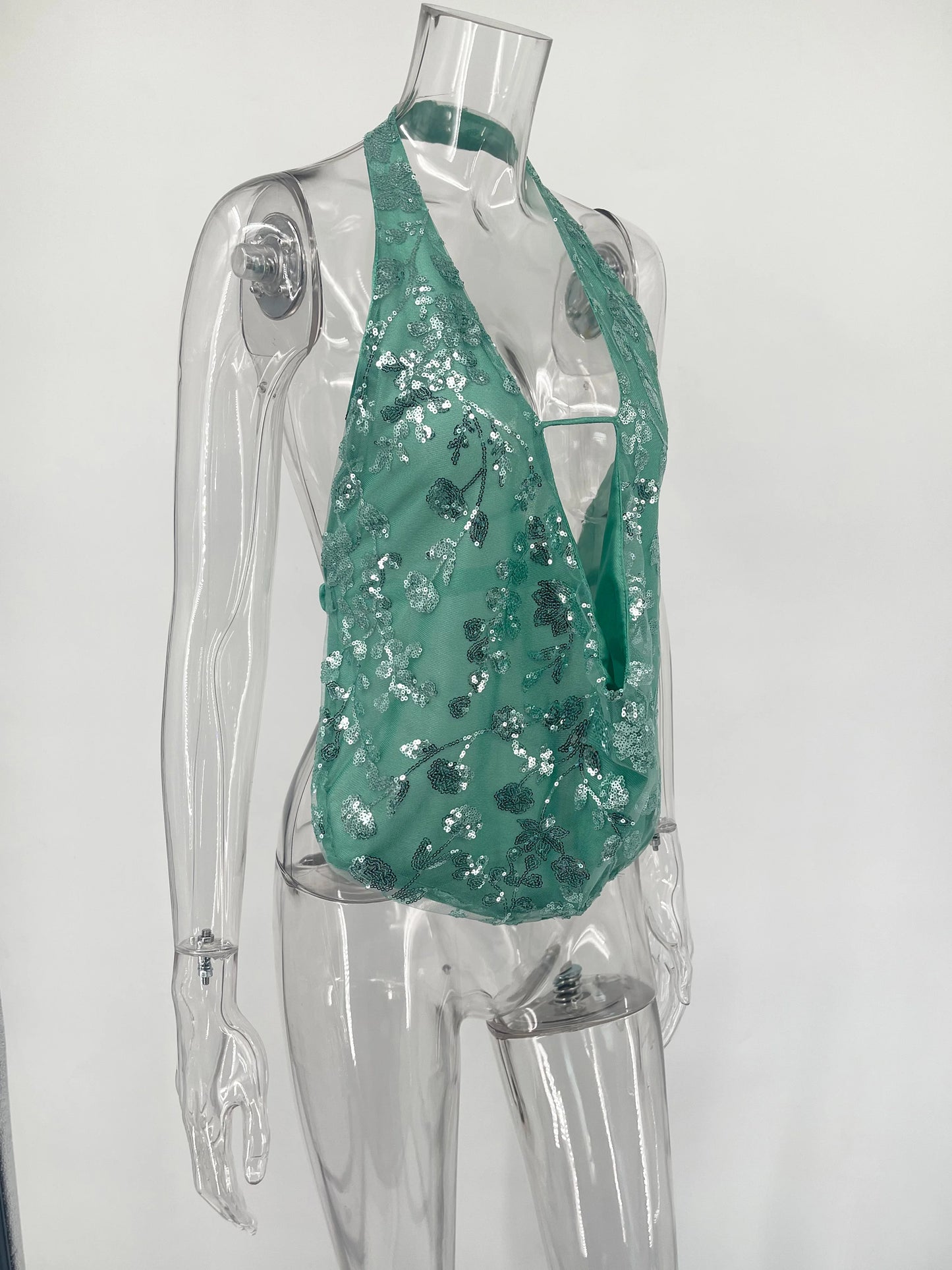 Sexy Deep V-Neck Beach Tank Top – Summer, Sequins Patchwork, Sleeveless, Vest, Vacation Outfit, Backless, Hot Girls Fashion