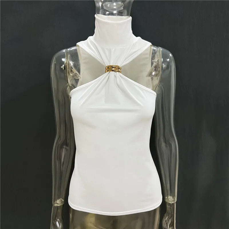 Turtleneck Basic Knit Tank Top – Sleeveless, Metal Ring Detail, Pullover, Skinny Fit, Y2K Style, Cropped, Women's Fashion