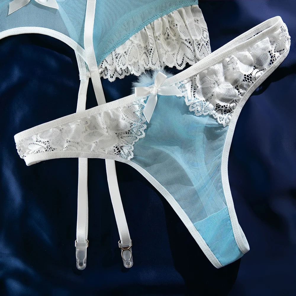 Lace Bra Set – Women's 4-Piece Lingerie Set with Stockings, Floral Bra, Panty & Garter Kit, Sexy Erotic Intimates