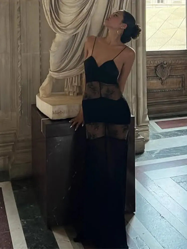 Lace See-Through Sling Maxi Dress – Sexy Slim Black Backless Sleeveless Long Dress, Summer Chic Party Evening Robe