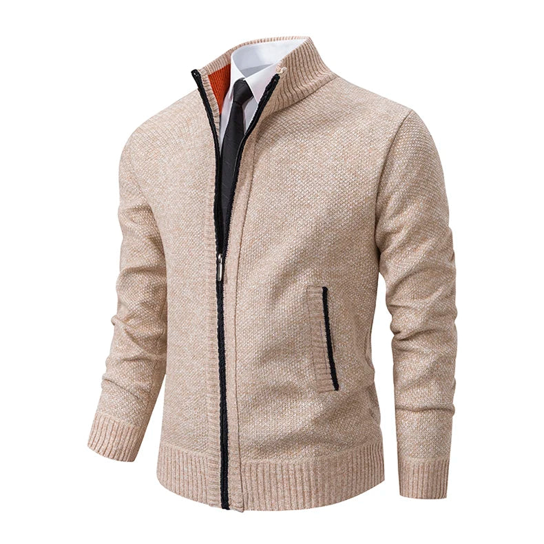 Jersey Men's Casual Sports Coat – Solid Color Stand Collar Sweater, Fleece-Lined, Warm Zipper Cardigan