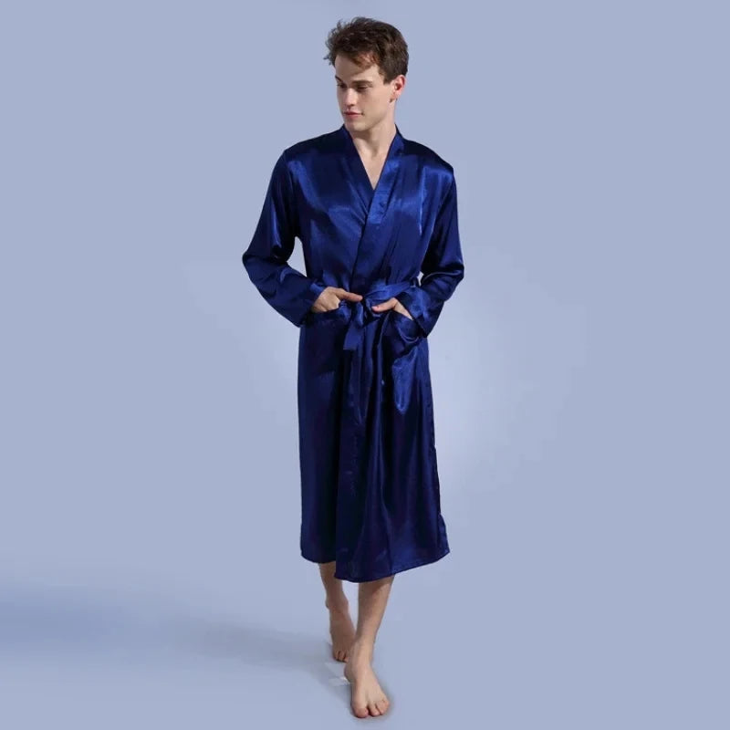 Men's Satin Kimono Robe – V Neck, Long Bathrobe, Sleepwear, Christmas & Wedding Party Loungewear Gown