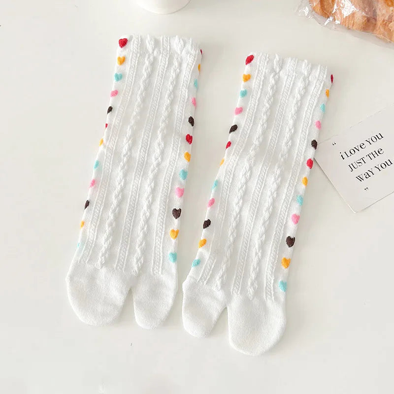 Colorful Heart Braid Five Finger Socks for Women – Spring Autumn, Middle Tube, Cotton, Breathable, Crew Socks, Streetwear