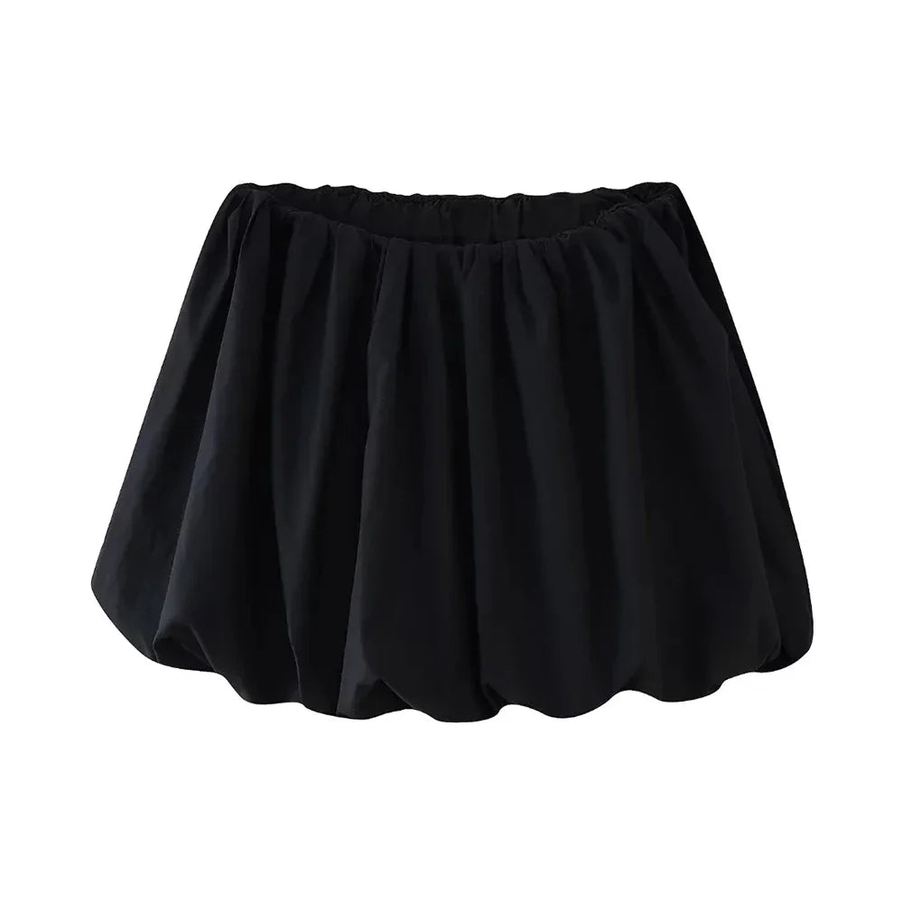 Women's Balloon Mini Skirt – Mid Elastic Waist, Voluminous Hem, Fashionable Style