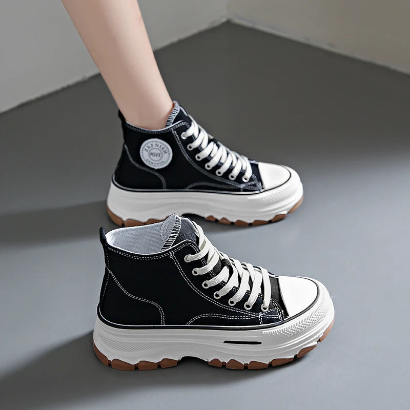 Women’s High Top Canvas Sneakers - Lace-Up, Non-slip, Wear-Resistant, Spring Platform
