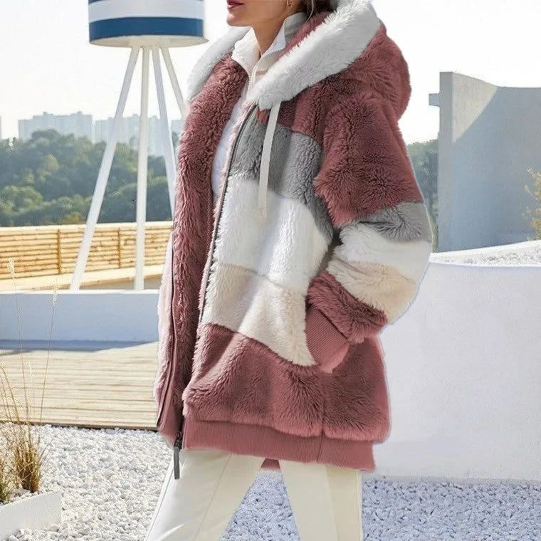 Oversized Hooded Jacket for Women – Warm Plush, Pockets, Loose Streetwear Outerwear for Autumn & Winter