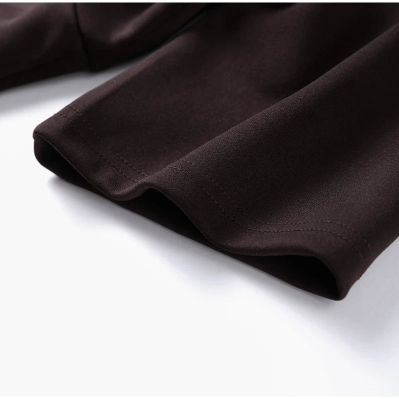 Chic Splicing Brown Maxi Dress – Half Sleeve, Pleated A-line, Slim Fit, Casual Office Commute Streetwear