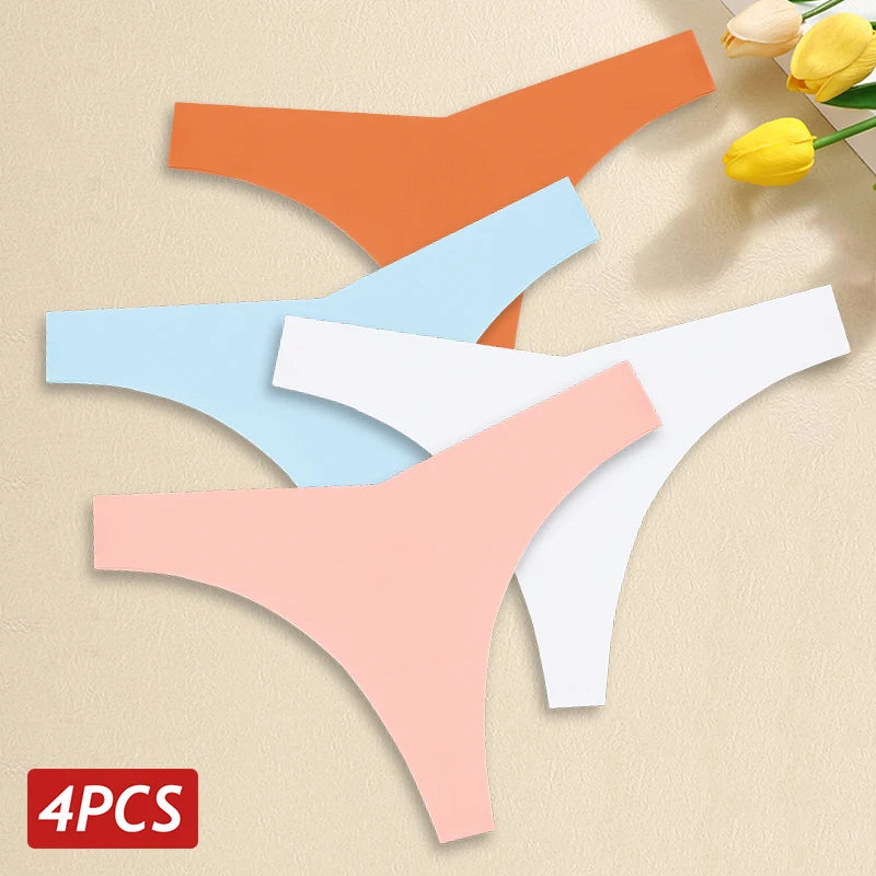 4PCS Women's Seamless Ice Silk Thongs – Sexy, Low Waist, Ultra-Thin, Breathable, T-Back Underwear, No Trace Lingerie