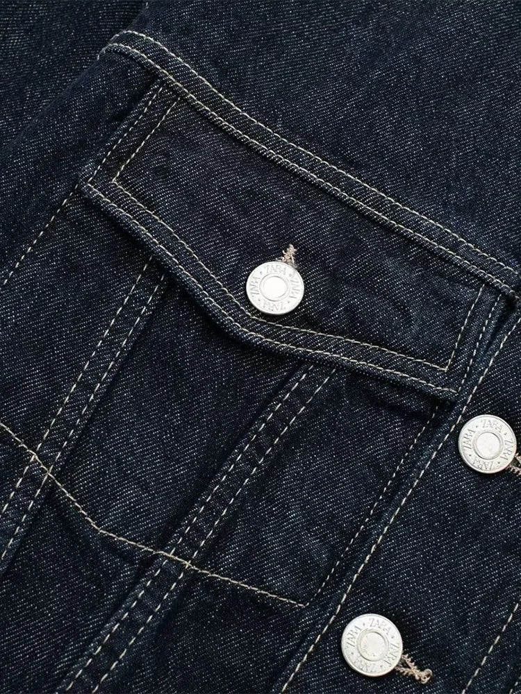 Women's Vintage Denim Jacket – Blue, Single-Breasted, Lapel Neck, Long Sleeve, Chic Fashion