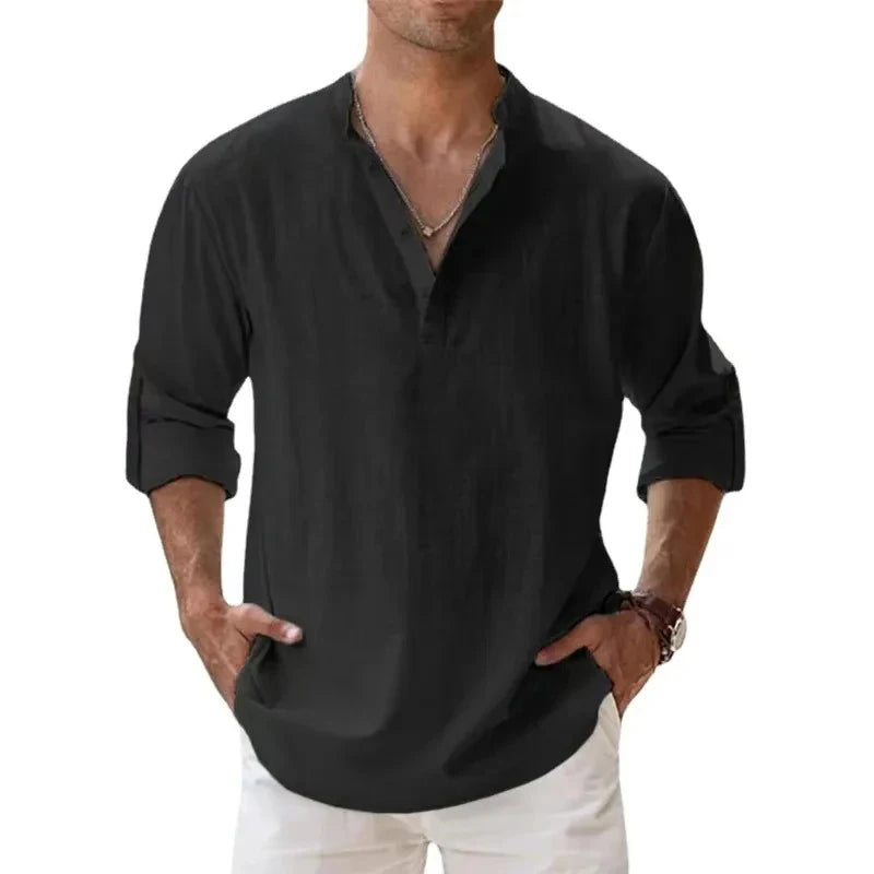 Streetwear Men Lightweight Shirts – Long Sleeve Henley Cotton Linen Shirts for Men, Beach Hawaiian Shirts, Breathable Collar T-shirts