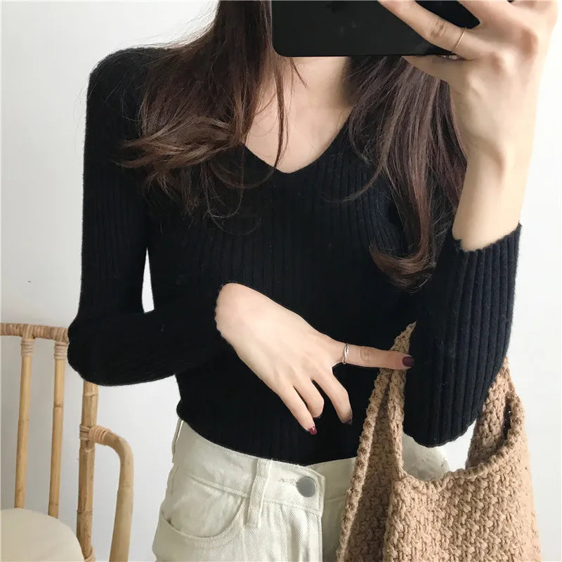 Korean V-Neck Knitted Sweater – Slim Fit, Autumn Winter Pullover, Fashion Jumper for Women