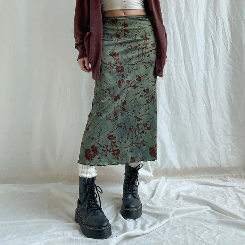 Floral Print Long Skirt – Vintage Low-Rise, Straight Midi, Spring Summer, Y2K Style