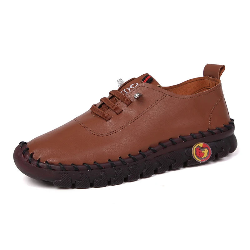Lace-Up Leather Loafers - Flat Casual Shoes for Women, New Spring Collection, Outdoor Travel and Walking Sneakers