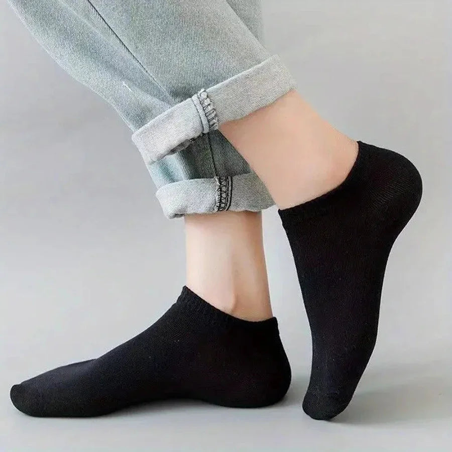 10 Pairs Men's Socks – Spring/Summer, Thin, Breathable, Soft Polyester Cotton, Black, Casual Business, Ankle Socks, Boat Socks