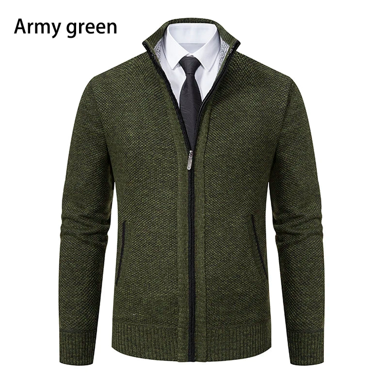 Jersey Men's Casual Sports Coat – Solid Color Stand Collar Sweater, Fleece-Lined, Warm Zipper Cardigan