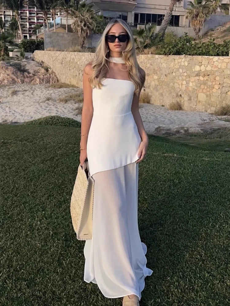 Elegant Strapless Mesh Dress – Ribbon Detail, Sleeveless, Long Beach Vacation Dress, Spring Fashion