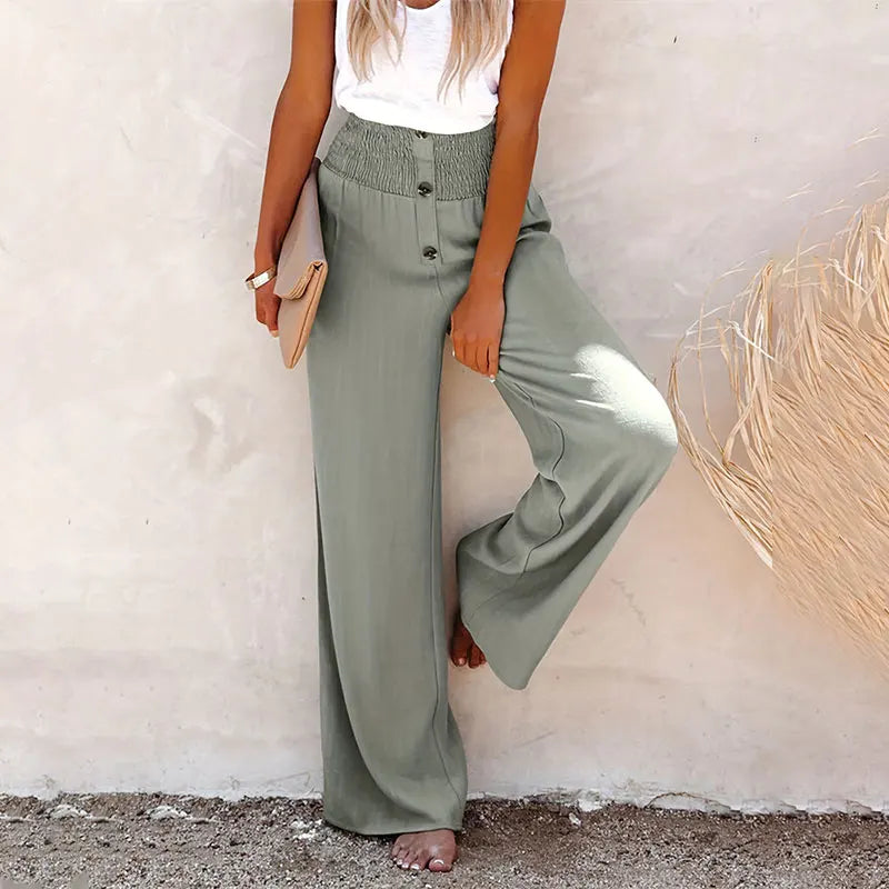 Summer Cotton Linen Wide Leg Pants – Full Length, Casual Style, Solid Color, Loose Fit, High Waist, Straight Cut