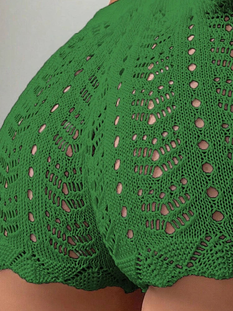 Hollow Drawstring Knitted Shorts – 100% Polyester, Open Waist, Bikini Cover-Up