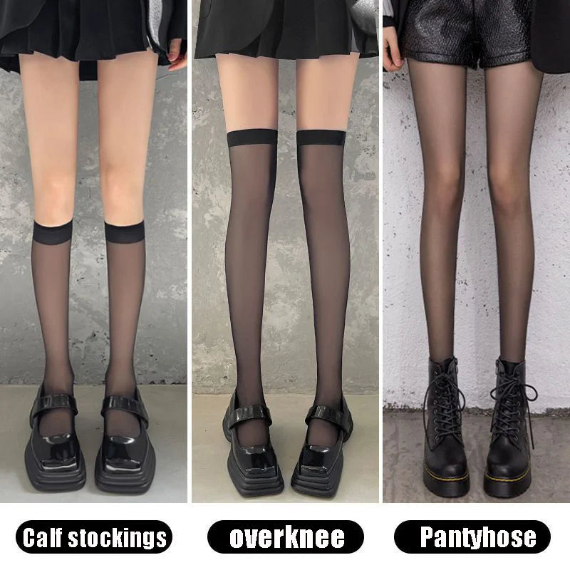 Summer Ultrathin Women's Silk Socks – Black, translucent, and stylish, with a medium calf sleeve