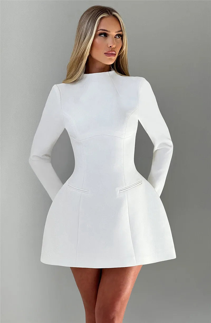 Mozision Long Sleeve Backless Mini Dress – O-Neck, High Waist, A-Line, Elegant Club Party Dress for Women