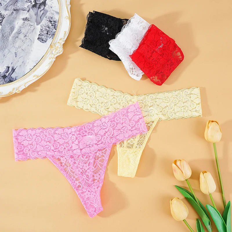 3PCS Lace Floral Thong Panties – Low Waist, Breathable, Sexy, Transparent, Solid Color Women's Underwear