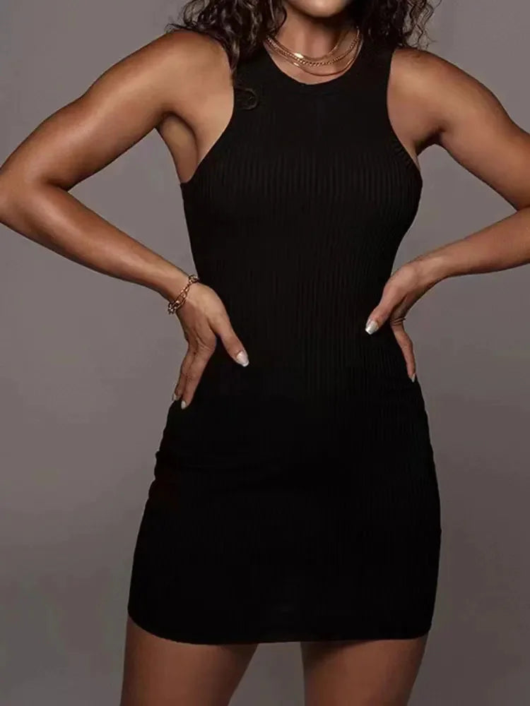 Ribbed Bodycon Summer Dress – Sexy Sleeveless Mini Dress for Club Party, Solid Color, Tight Fitting