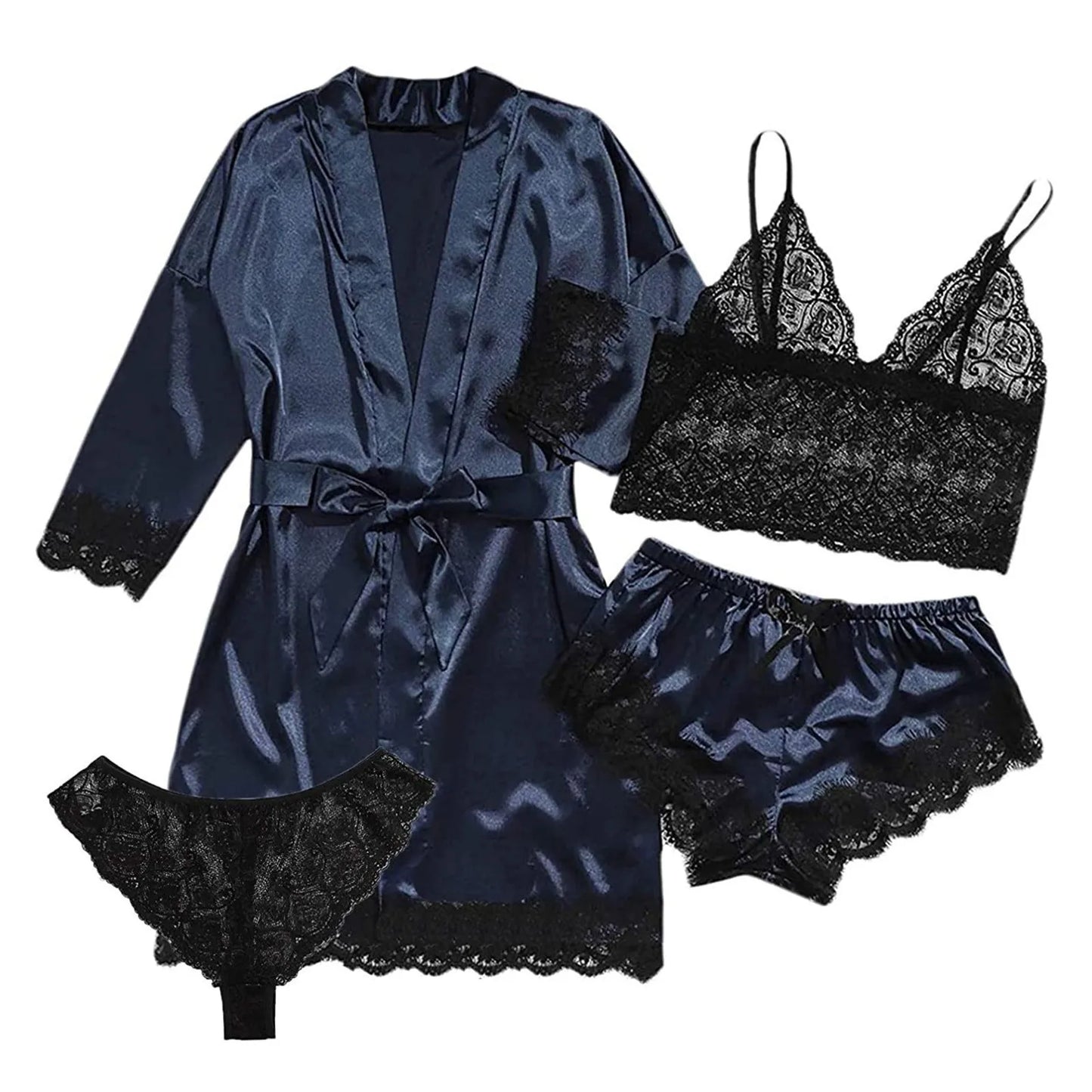 Women Fashion Pajama Print – Sexy Lace Trim Faux Silk Satin Pajama Set Gown, Skin-Friendly Comfort Loungewear, Sexy Pajamas