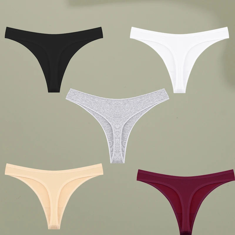 5PCS Set Low-Rise G-String Panties – Sexy, Cotton, Seamless, High Elasticity, Breathable, Solid Color