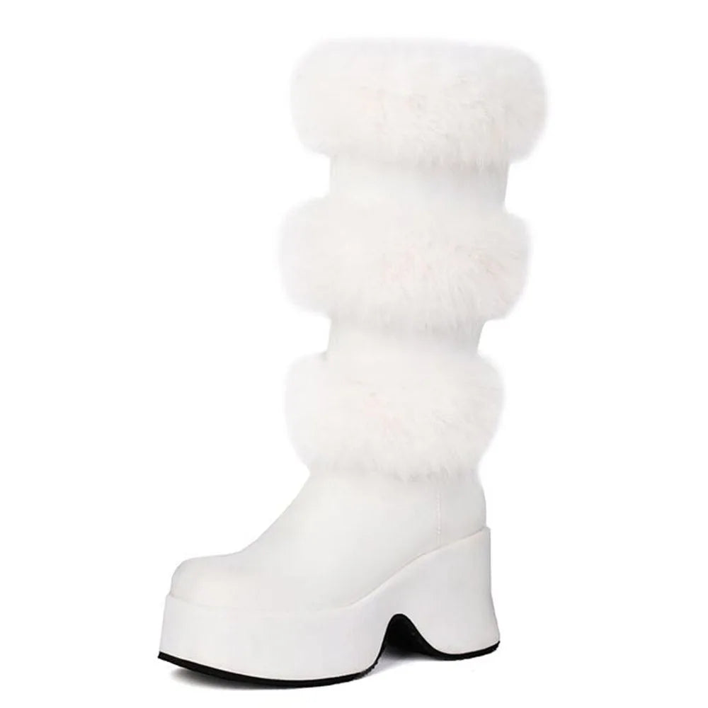 Platform Furry Boots – Chunky High Heeled Winter Autumn Knee High Boots, Women Faux Fur Zip, Gothic Style Punk Shoes Ladies