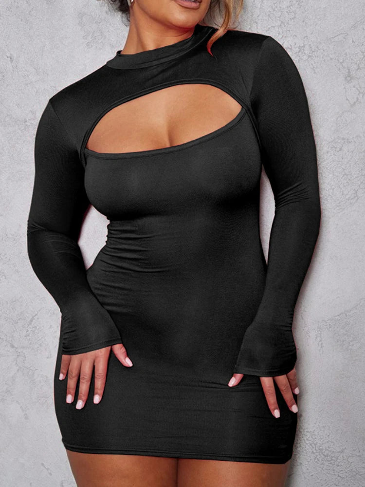 Sexy Wrap Chest Hollow Out Elastic Slim Bodycon Dress – Women Long Sleeved Solid Color Skinny Dress Evening Club Party Vestidos