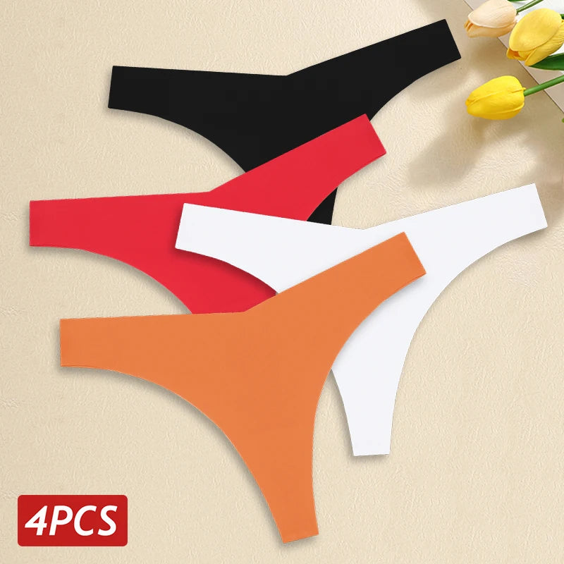 4PCS Women's Seamless Ice Silk Thongs – Sexy, Low Waist, Ultra-Thin, Breathable, T-Back Underwear, No Trace Lingerie