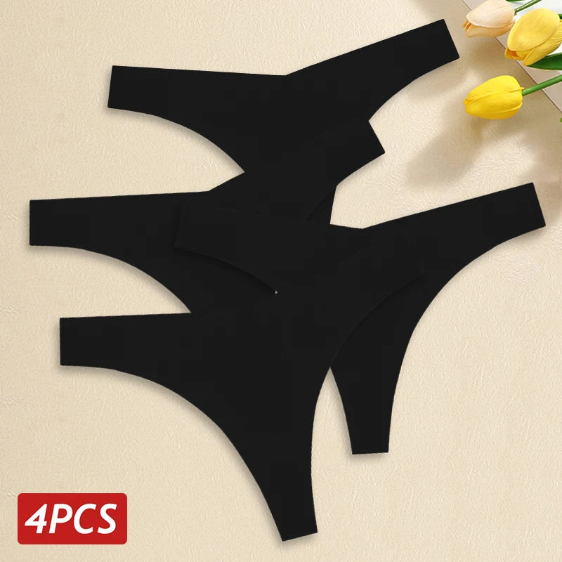 4PCS Women's Seamless Ice Silk Thongs – Sexy, Low Waist, Ultra-Thin, Breathable, T-Back Underwear, No Trace Lingerie