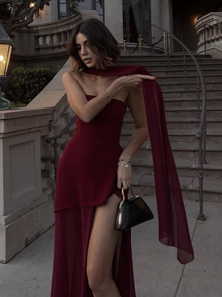 Elegant Strapless Mesh Dress – Ribbon Detail, Sleeveless, Long Beach Vacation Dress, Spring Fashion