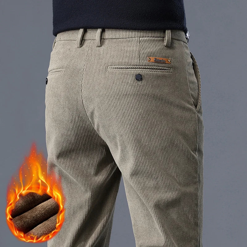 Fleece Men's Corduroy Casual Pants – Chenille Thick Stretch, Mid-Rise, Business Trousers, Winter Thermal Brand Pants