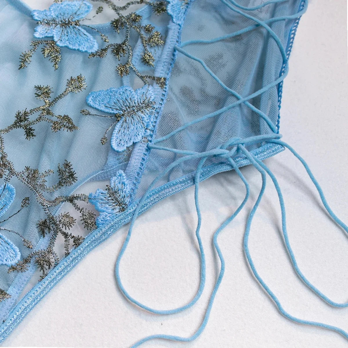 Yimunancy Boho Butterfly Embroidery Mesh Bodysuit – Women's Transparent Lace-Up Sexy Bodysuit, Body Femme