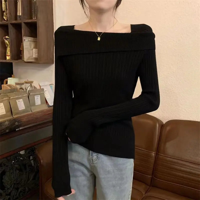 Slim Off-Shoulder Knitted Sweater – Slash Neck, Long Sleeve, Sexy Office Fashion