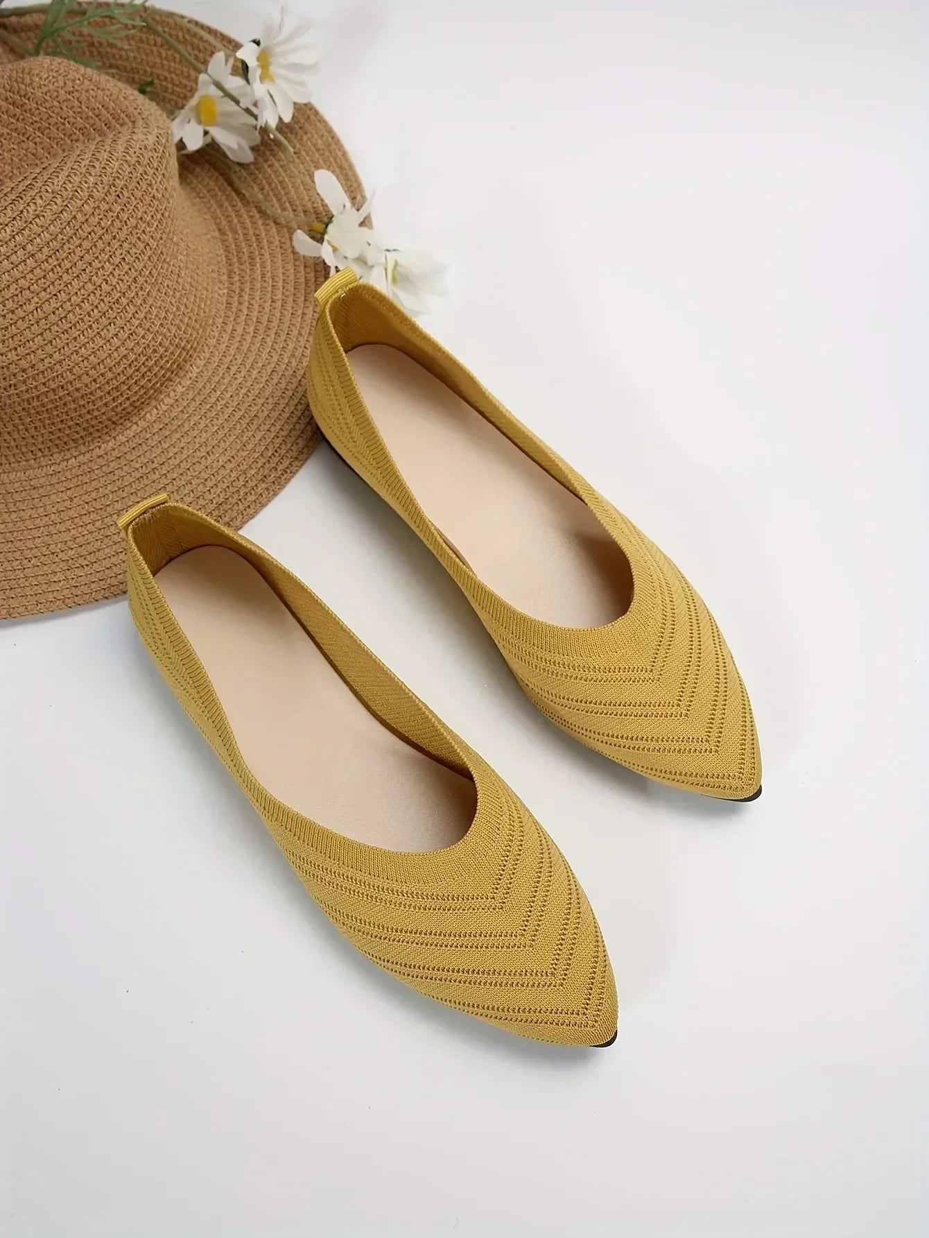 Pointed Toe Flats - Solid Color Knitted Slip-On Office Shoes, Casual Ballet Flats, Women's Loafers, Zapatos de Mujer