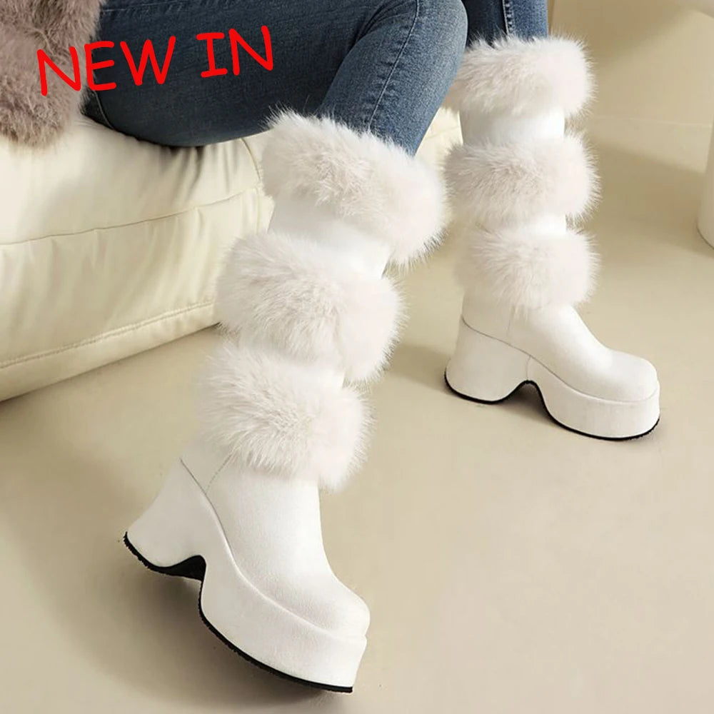 Platform Furry Boots – Chunky High Heeled Winter Autumn Knee High Boots, Women Faux Fur Zip, Gothic Style Punk Shoes Ladies