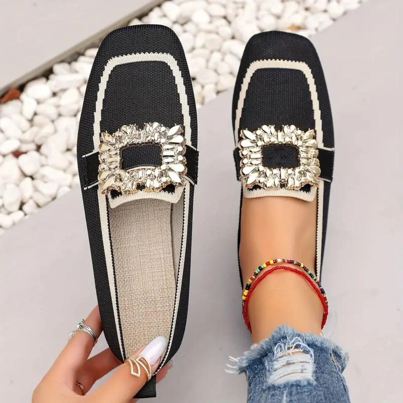Flat Loafers - Knitting Slip-On Shoes for Women, Square Head, Breathable Fashion Flats, New Spring Collection, Large Size
