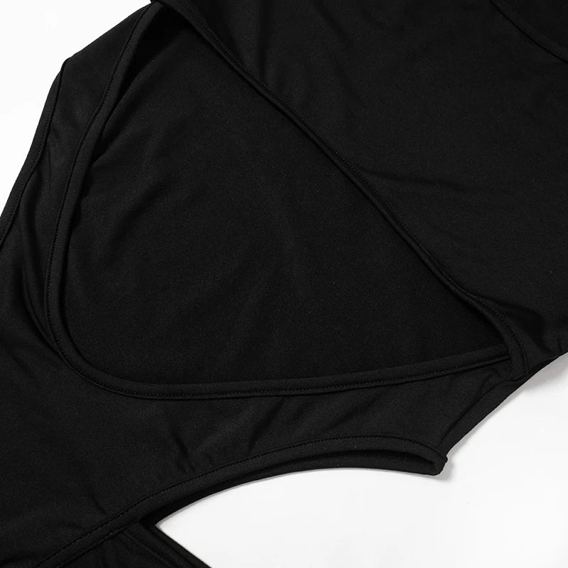 Zip Turtleneck Buckle Cutout Bodysuit – Long Sleeve, Sexy Club Romper, Black Techwear Jumpsuit for Women
