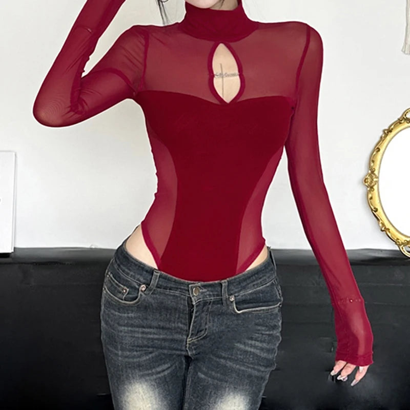 Hollow Out Mesh Bodysuit – Slim-Fit, Turtleneck, Long Sleeve, Korean Chic Elegance