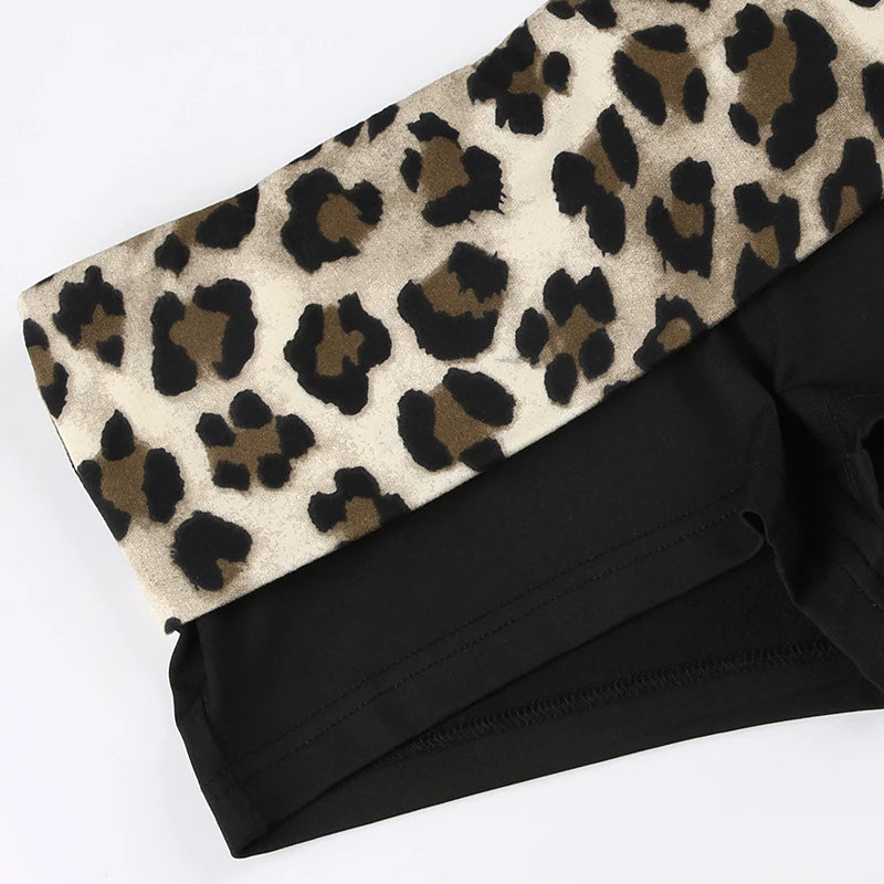 Contrast Patchwork Leopard Booty Shorts – Low Waist, Slim Fit, Sexy Baddie Style.