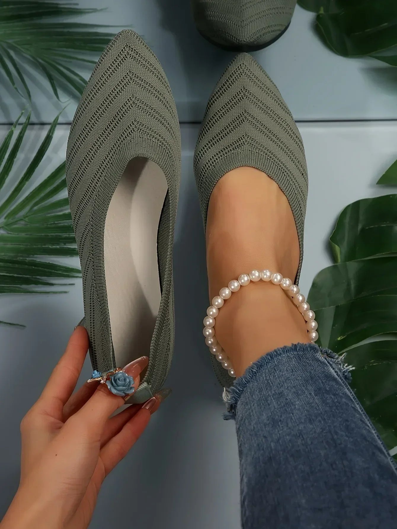 Pointed Toe Flats - Solid Color Knitted Slip-On Office Shoes, Casual Ballet Flats, Women's Loafers, Zapatos de Mujer