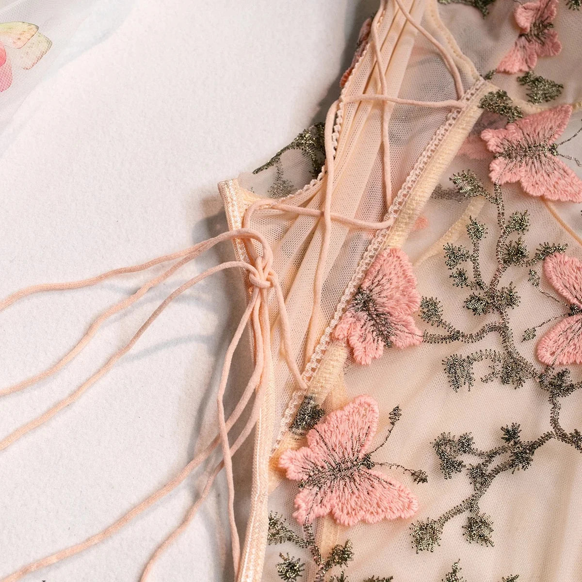 Yimunancy Boho Butterfly Embroidery Mesh Bodysuit – Women's Transparent Lace-Up Sexy Bodysuit, Body Femme