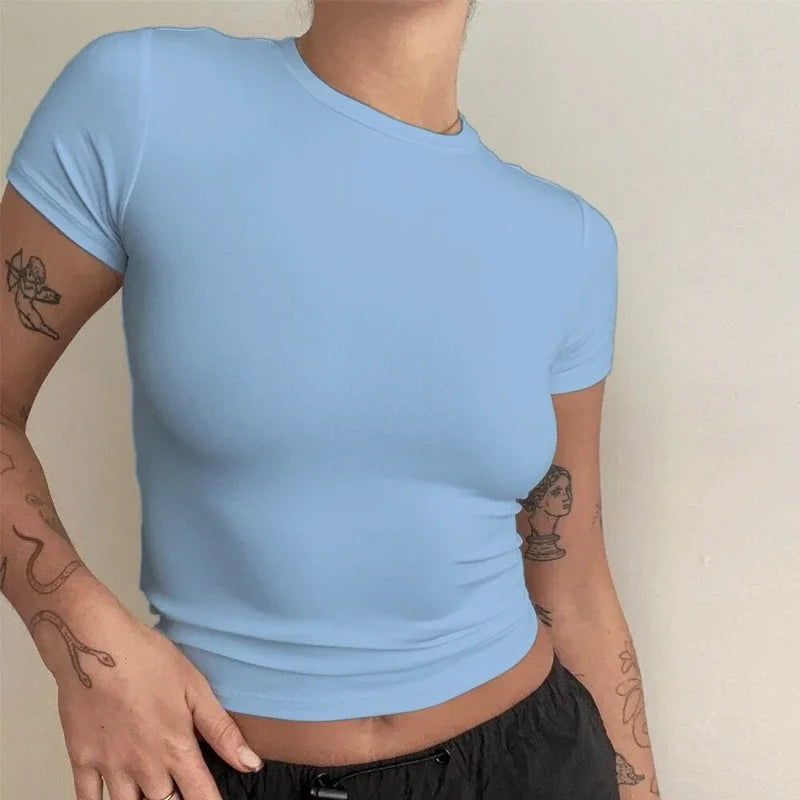 Women's Short Sleeve T-Shirt – Slim Fit, O-Neck, Knitted Sheath, Sporty Streetwear Y2K
