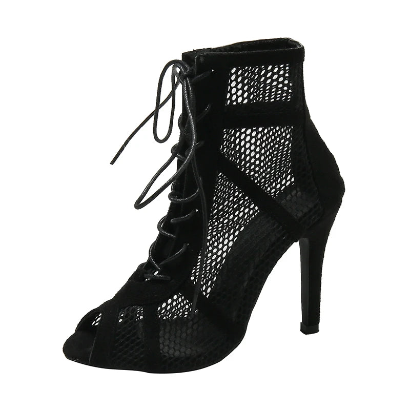Sexy High Heels – Hollow Mesh Sandals, Summer Cross-Tied Peep Toe Heeled Sandals, Ankle Strap Dance Shoes